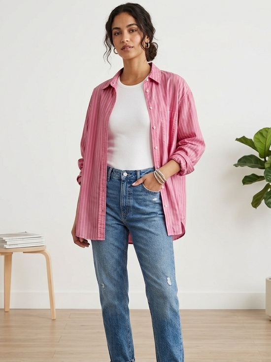 H&M Tops - EUC Oversized Pink & White Pinstripe Button Down Cotton Boyfriend Shirt - Medium